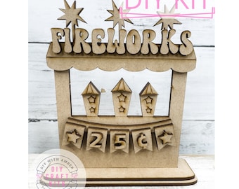 Little Fireworks Stand Wood Blank Craft Kit | Patriotic Firework Tiered Tray | Summer Decor | Tabletop Shelf Sitter | Paint Your Own