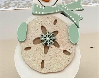 Snowman Sand Dollar Ornament | Layered Wood DIY Ornament Kit | Unfinished Laser Cut Wood Blank for Coastal Christmas Decor | Adult Crafting