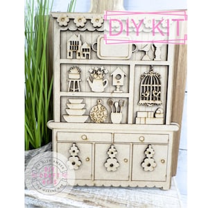 Mini Spring Kitchen Hutch DIY Craft Kit | Decorative Wooden Cabinet | Shelf Sitter Seasonal Decor | Miniature Doll House Furniture