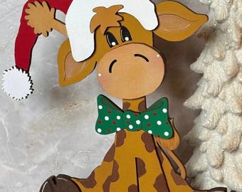 Whimsical Sitting Christmas Giraffe DIY Kit | Unfinished Laser Cut Wood Craft | Holiday Decor | Seasonal Adult Craft