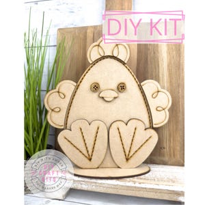 Stitched Sitting Chick DIY Kit | Spring Easter Decor | Wood Blank Farmhouse Sitter | Paint Your Own | Seasonal Decor | Adult Crafting