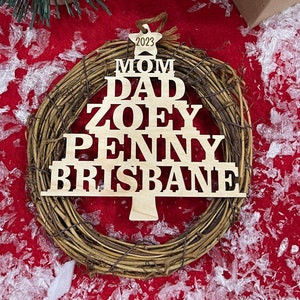 Family Name Tree Ornament - Custom names - Wooden 5 inch wide Hanging tag. Laser cut ornament. Personalized wood ornament - dog ornament.