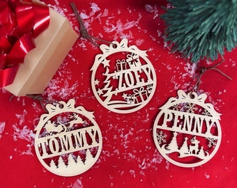 Wooden Christmas Ornaments, 4' inch, Christmas tree Décor, Laser cut bauble tree ornament. Gift Tags, Custom Name, Family packs available.