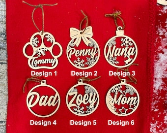 Wooden Christmas Ornaments, Christmas tree Décor, Laser cut bauble tree ornament. Gift Tags, Custom Name, 4 " wide. Family packs available.