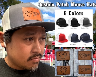 Mouse Patch Trucker Hat, Snap Back Flat Bill Custom Cap. Custom Leather Laser Engraved Patch and Hat.