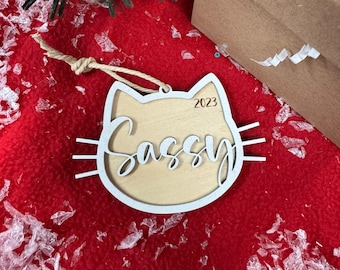 Cat Wooden Ornament - Custom names - Wooden 4 inch wide Hanging tag. Laser cut ornament. Personalized wood ornament - Cat ornament.