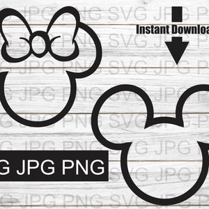 May include: Black outline illustrations of Minnie Mouse and Mickey Mouse heads, with a bow on Minnie's head. The image includes the text "Instant Download" and "SVG JPG PNG" on a white wood-grain background.