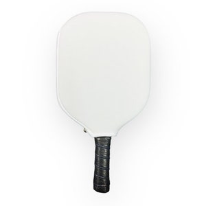 May include: White pickleball paddle with a black and blue grip.