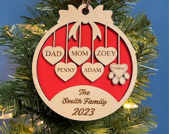 Family with Dog Ornament, 4' inch, Family Personalized Names, Laser cut bauble tree ornament. Whole Family, Custom Name.