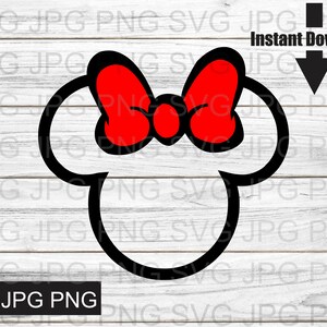 Puede incluir: Contorno en blanco y negro de una cabeza de ratón de dibujos animados con un gran lazo rojo. La imagen está sobre un fondo de madera blanca con el texto "SVG JPG PNG" en la parte inferior.