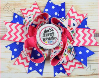 Hello First Grade Boutique Hair Bow, Pink Chevron Little Girls Hair Ribbons, Polka Dot Bow