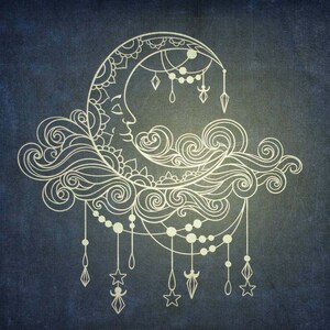 Peut inclure: Une lune en croissant blanc avec un visage et des détails complexes, entourée de nuages tourbillonnants et de perles pendantes. La lune est décorée d'une chaîne de perles et de breloques pendantes.