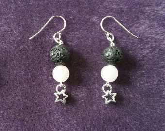 Perfume diffuser earrings in silver, rose quartz, stars and lava stone