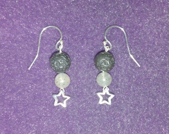 Perfume diffuser earrings in silver, stars, labradorite and lava stone