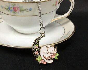 Tea Infuser with "Crescent Moon Kitty" Enamel Charm in a lovely gift bag