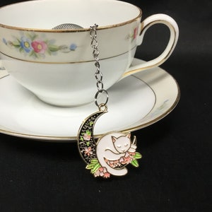 Tea Infuser with "Crescent Moon Kitty" Enamel Charm in a lovely gift bag