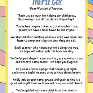 Oh The Places You&#39;ll Go Instruction Card for Teachers To Sign Book {Digital File}