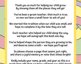 Oh The Places You'll Go Instruction Card for Teachers To Sign Book {Digital File}