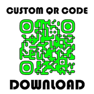 Könnte beinhalten: Ein grüner und schwarzer QR-Code mit dem Text "CUSTOM QR CODE" darüber und "DOWNLOAD" darunter.