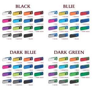 Puede incluir: Una colecci&oacute;n de memorias USB en varios colores, incluyendo blanco, amarillo, naranja, rojo, rosa, turquesa, azul, azul oscuro, violeta, verde claro, verde, verde oscuro, plateado, grafito y negro. Las palabras "BLACK", "BLUE", "DARK BLUE" y "DARK GREEN" se muestran arriba.