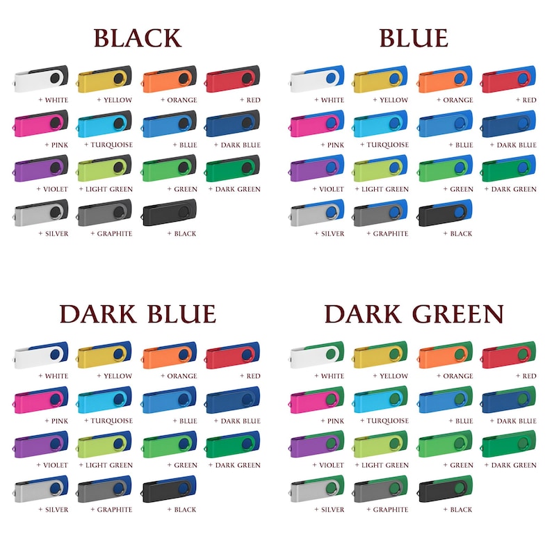 Puede incluir: Una colecci&oacute;n de memorias USB en varios colores, incluyendo blanco, amarillo, naranja, rojo, rosa, turquesa, azul, azul oscuro, violeta, verde claro, verde, verde oscuro, plateado, grafito y negro. Las palabras "BLACK", "BLUE", "DARK BLUE" y "DARK GREEN" se muestran arriba.