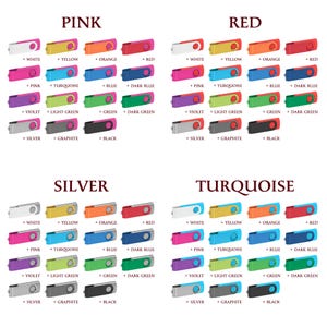 Puede incluir: Una colecci&oacute;n de memorias USB en varios colores, incluyendo rosa, rojo, plateado y turquesa. Cada unidad est&aacute; etiquetada con un nombre de color y una combinaci&oacute;n de colores correspondiente, como blanco, amarillo, naranja y rojo.