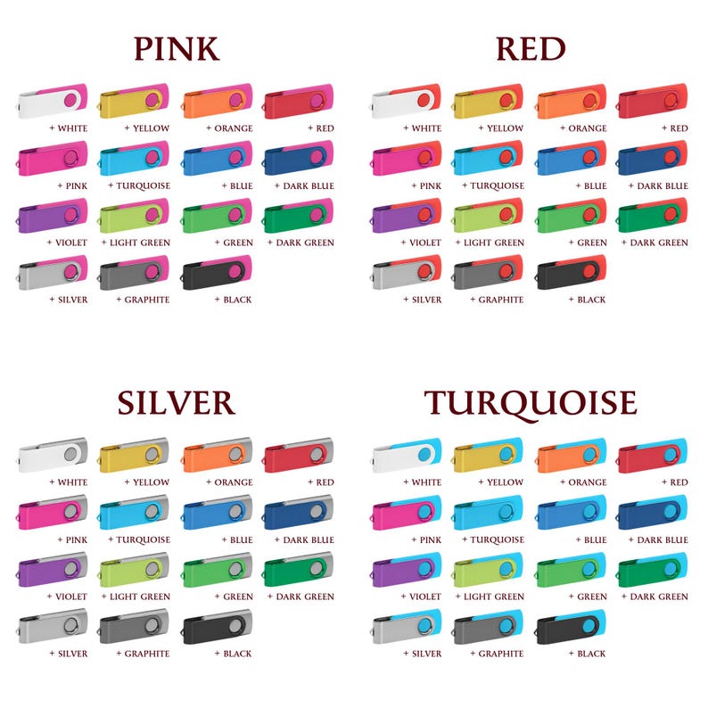 Puede incluir: Una colecci&oacute;n de memorias USB en varios colores, incluyendo rosa, rojo, plateado y turquesa. Cada unidad est&aacute; etiquetada con un nombre de color y una combinaci&oacute;n de colores correspondiente, como blanco, amarillo, naranja y rojo.