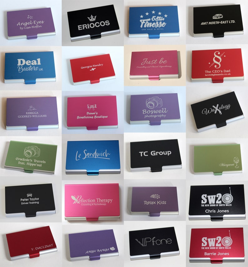 Personalised Business Card Holder 6 colours laser engraved with name or logo Aluminum UK Gift For him Gift For her business card case image 3