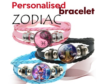 Personalised Bracelet Zodiac Men Women Leather 12 Constellation Horoscope Birth Sign Gift for her Gift for mum Christmas Mothers day Love