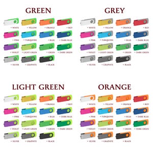 Puede incluir: Una colecci&oacute;n de memorias USB de colores, disponibles en verde, gris, verde claro y naranja. Cada memoria est&aacute; etiquetada con su color y disponible en varios tonos. La imagen muestra una variedad de opciones.