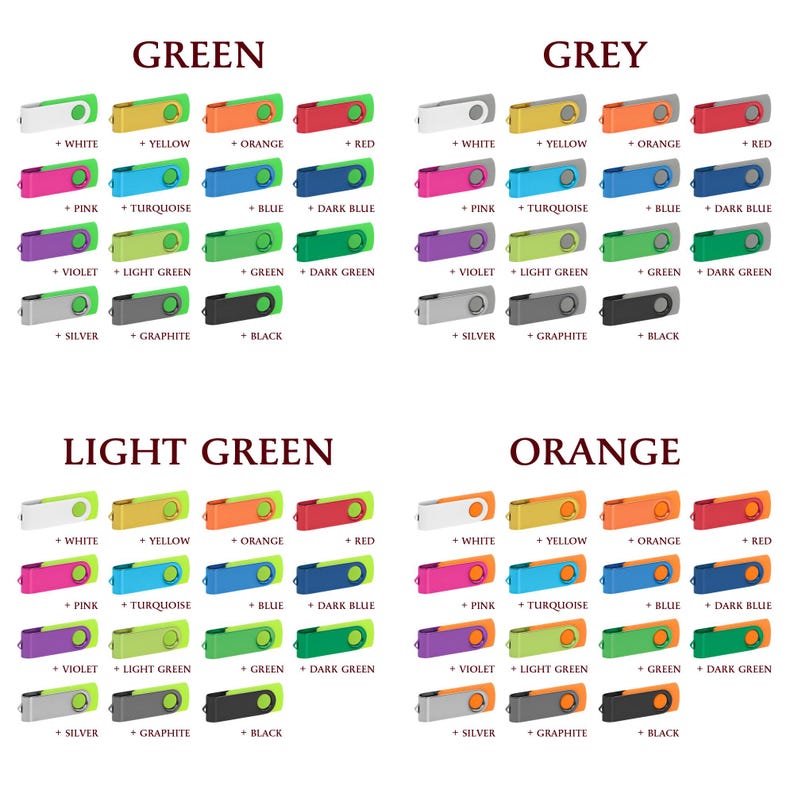 Puede incluir: Una colecci&oacute;n de memorias USB de colores, disponibles en verde, gris, verde claro y naranja. Cada memoria est&aacute; etiquetada con su color y disponible en varios tonos. La imagen muestra una variedad de opciones.