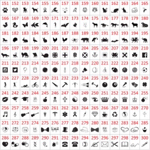 Puede incluir: Una colecci&oacute;n de iconos en blanco y negro, que incluyen animales, s&iacute;mbolos y objetos. Los iconos est&aacute;n numerados del 151 al 300, cubriendo una amplia gama de categor&iacute;as, como redes sociales, deportes y comida.