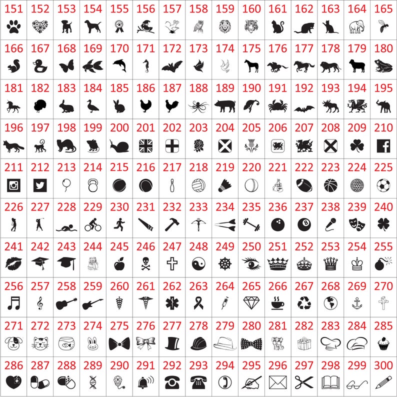 Puede incluir: Una colecci&oacute;n de iconos en blanco y negro, que incluyen animales, s&iacute;mbolos y objetos. Los iconos est&aacute;n numerados del 151 al 300, cubriendo una amplia gama de categor&iacute;as, como redes sociales, deportes y comida.