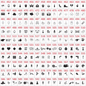 Puede incluir: Una colecci&oacute;n de iconos de arte lineal en blanco y negro, numerados del 451 al 600. Los iconos representan varios objetos y s&iacute;mbolos, incluyendo anillos de boda, corazones, c&aacute;maras y art&iacute;culos para beb&eacute;s.