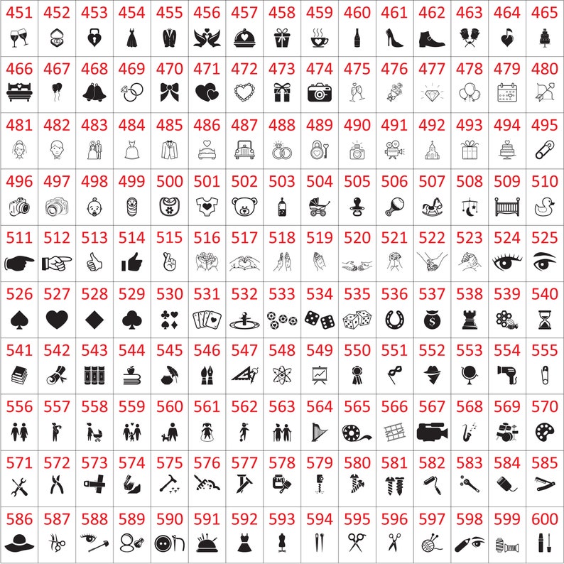 Puede incluir: Una colecci&oacute;n de iconos de arte lineal en blanco y negro, numerados del 451 al 600. Los iconos representan varios objetos y s&iacute;mbolos, incluyendo anillos de boda, corazones, c&aacute;maras y art&iacute;culos para beb&eacute;s.