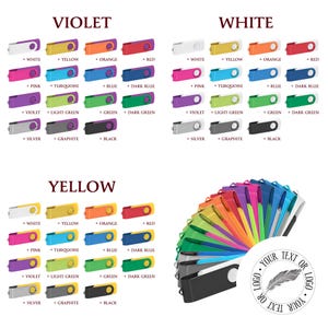 Puede incluir: Una colecci&oacute;n de memorias USB de colores, disponibles en blanco, amarillo, naranja, rojo, rosa, turquesa, azul, azul oscuro, violeta, verde claro, verde, plateado, grafito y negro. La imagen tambi&eacute;n incluye un abanico de memorias USB de colores y un logotipo.