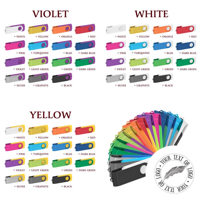 Puede incluir: Una colecci&oacute;n de memorias USB de colores, disponibles en blanco, amarillo, naranja, rojo, rosa, turquesa, azul, azul oscuro, violeta, verde claro, verde, plateado, grafito y negro. La imagen tambi&eacute;n incluye un abanico de memorias USB de colores y un logotipo.