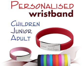 Personalised Metal/Silicone Wristband * Adult * Children * Junior* Name * Text * Logo * Blood * Event