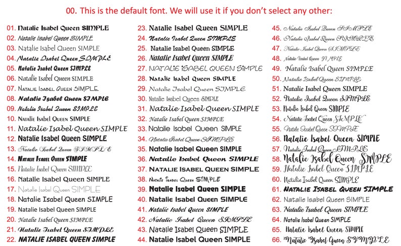 Puede incluir: Una hoja que muestra varios estilos de fuente. Cada l&iacute;nea muestra el texto "Natalie Isabel Queen SIMPLE" en diferentes fuentes, desde simples hasta decorativas. El texto es negro, con un encabezado rojo que indica la fuente predeterminada.