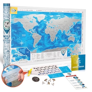 Carte du monde à gratter - Argent/bleu - Carte du monde à épingles - Cadeau de voyage - Carte du monde à gratter - Carte à gratter - Très grande 88 x 62 cm