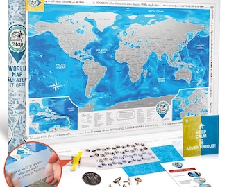 Scratch-off World Map – Silver/Blue – Traveler Pushpin Map – Gift for Travel – Traveler Scratch-off Map – Scratchmap – Extra Large 88x62 cm