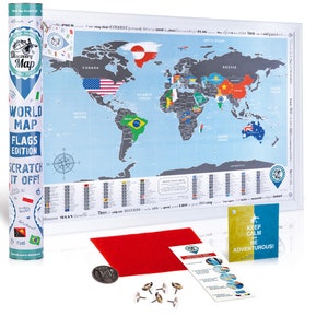 Scratch-off World Map – Flags and Capitals – Traveler Pushpin Map – Gift for Travel – Traveler Scratch-off Map – Scratchmap – Large 68x48 cm