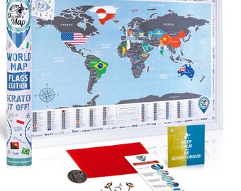Weltkarte zum Rubbeln mit Flaggen und Hauptstädten (68 x 48 cm) – perfekt für deine Reisen oder als Geschenk für Abenteuer und Globetrotter