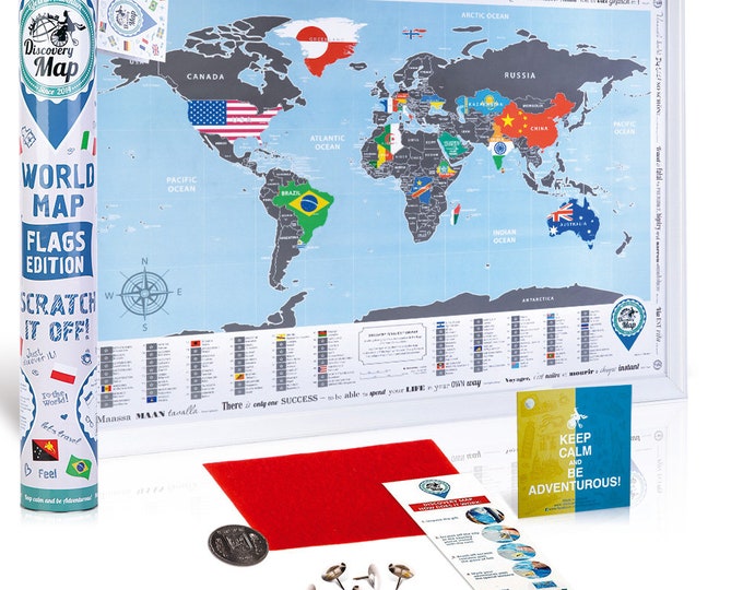 Scratch-off World Map – Flags and Capitals – Traveler Pushpin Map – Gift for Travel – Traveler Scratch-off Map – Scratchmap – Large 68x48 cm
