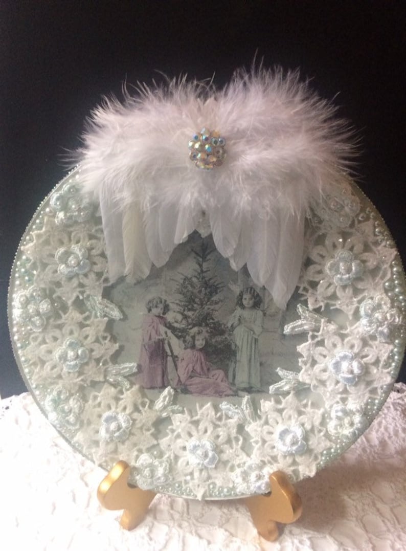 Plate Christmas Decor Shabby Chic Decor Glass Plate Christmas Plate Decorative Plate Angel Wings Memorial Tribute