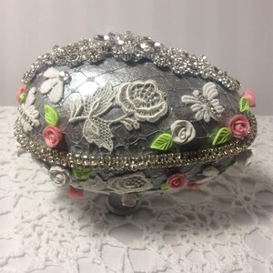 Jewelry Box, Egg, Easter, Easter Decor, Spring Wedding Decor, Rhinestone Egg, Silver Egg, Decorated Egg, Jeweled Egg