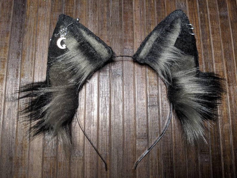 Large Gray and Black Ears with Silver Accessories