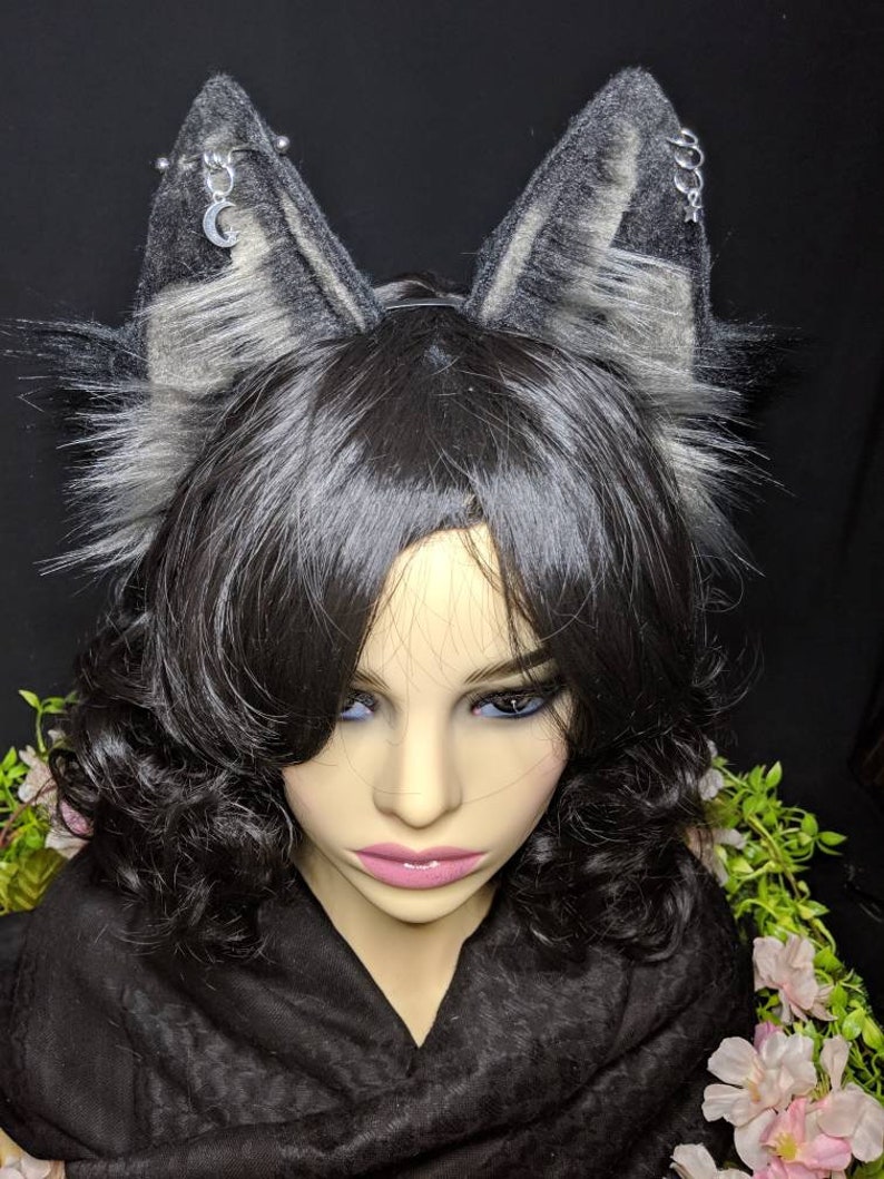 Large Gray and Black Ears with Silver Accessories