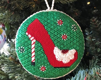 Mrs. Santa's High Heel Slipper Hand-painted Needlepoint Ornament