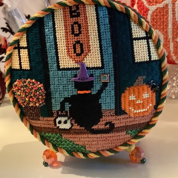 Noel, the little black cat, Trick or Treats Halloween Handpainted Needlepoint Ornament